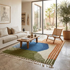 Tapis berbère multicolore dans salon lumineux style bohème chic décoration naturelle et chaleureuse