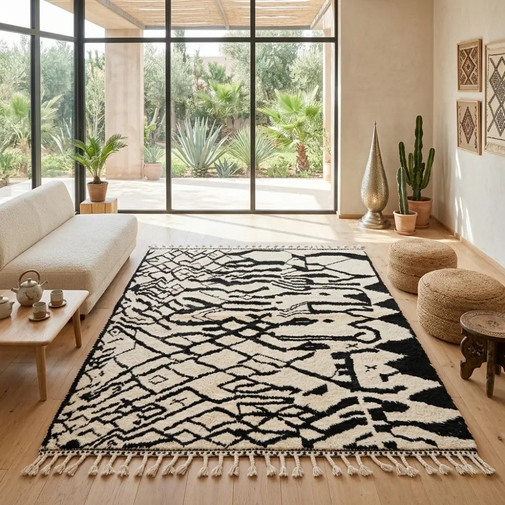 Tapis berbère noir et blanc dans salon lumineux ouvert sur jardin ambiance chaleureuse et naturelle