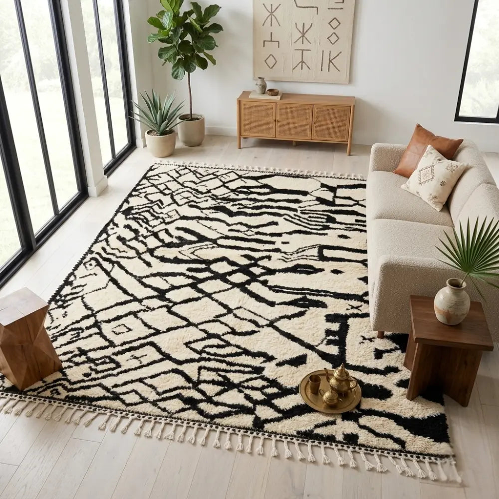 Tapis berbère noir et blanc à motifs abstraits dans salon moderne style bohème chic décoration naturelle