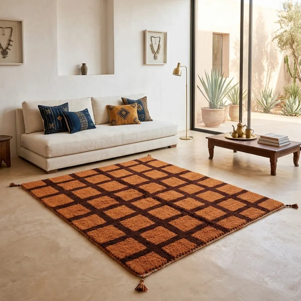 Tapis berbère orange avec motifs quadrillés marron dans salon design moderne décoration élégante