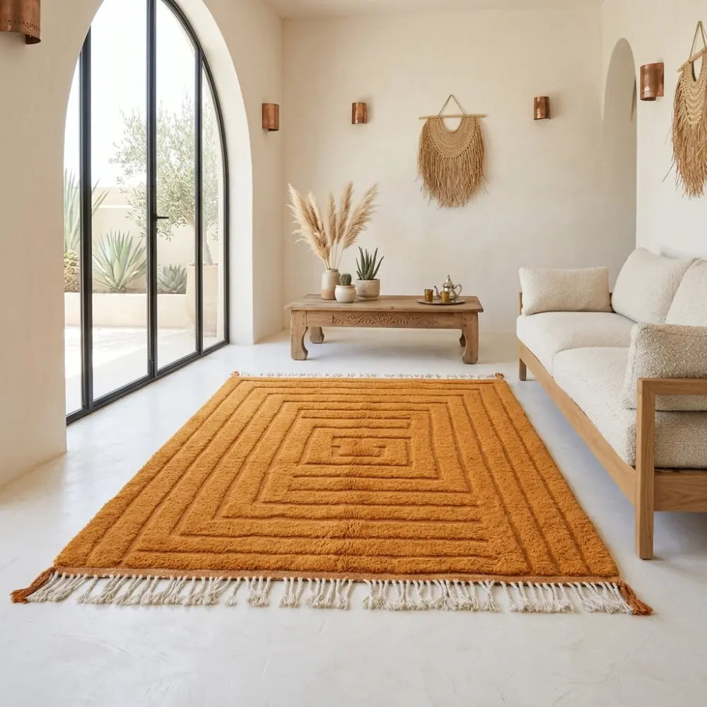 Tapis berbère orange dans un salon lumineux style bohème chic, ambiance chaleureuse et décoration naturelle
