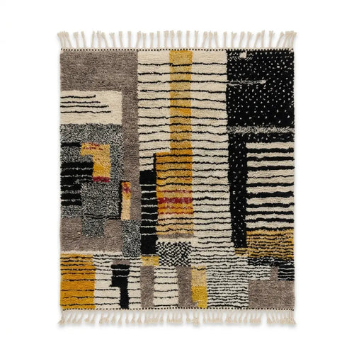 Tapis berbère Azilal moderne multicolore jaune noir et blanc en laine naturelle fait main décor géométrique abstrait salon