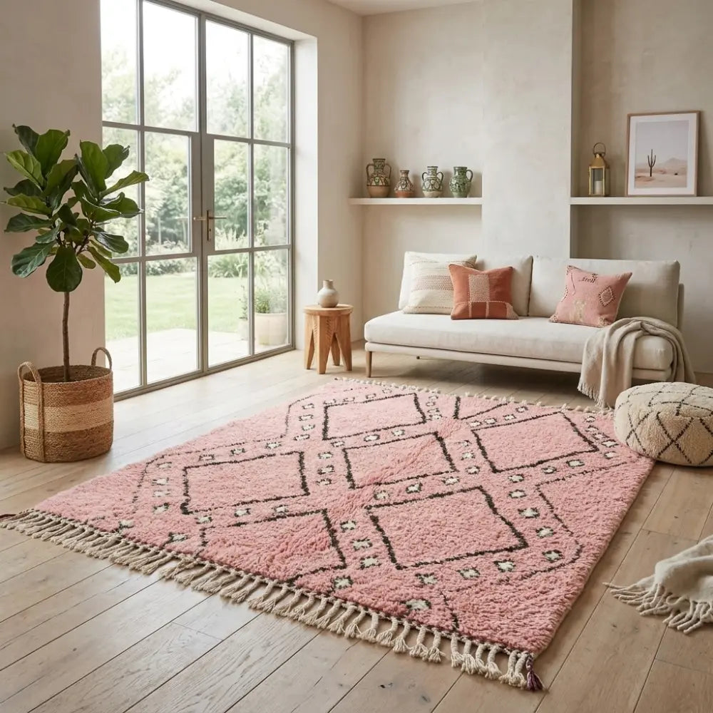 Tapis berbère rose avec motifs géométriques noirs, idéal pour sublimer un salon contemporain avec une touche naturelle et élégante