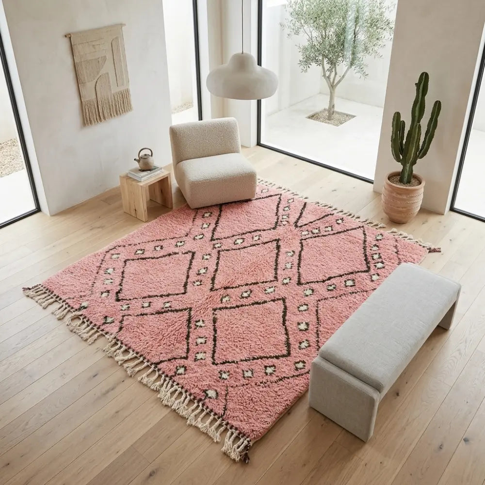 Tapis berbère rose avec motifs graphiques dans un salon lumineux, parfait pour une ambiance bohème chic et moderne
