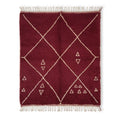 Tapis berbère en laine bordeaux à motifs losanges blancs et triangles style Beni M'Guild fait main