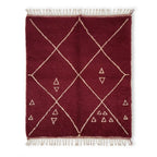 Tapis berbère en laine bordeaux à motifs losanges blancs et triangles style Beni M'Guild fait main