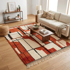 Tapis berbère rouge terracotta et crème avec motifs graphiques dans salon moderne élégant ambiance cosy