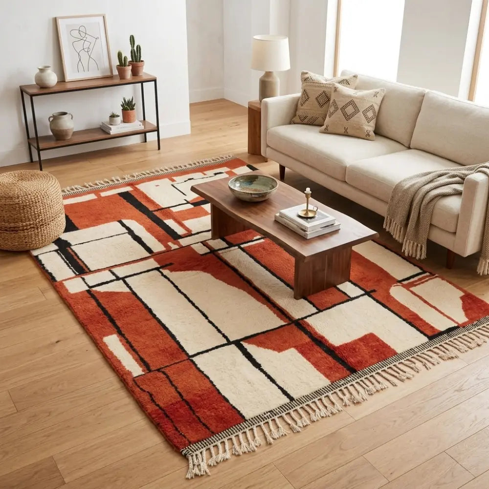 Tapis berbère rouge terracotta et crème avec motifs graphiques dans salon moderne élégant ambiance cosy