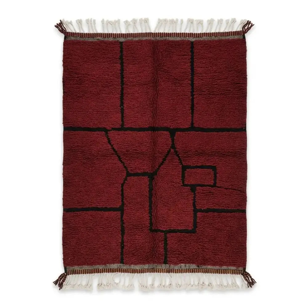 Tapis berbère en laine rouge bordeaux avec motifs géométriques noirs minimalistes fait main