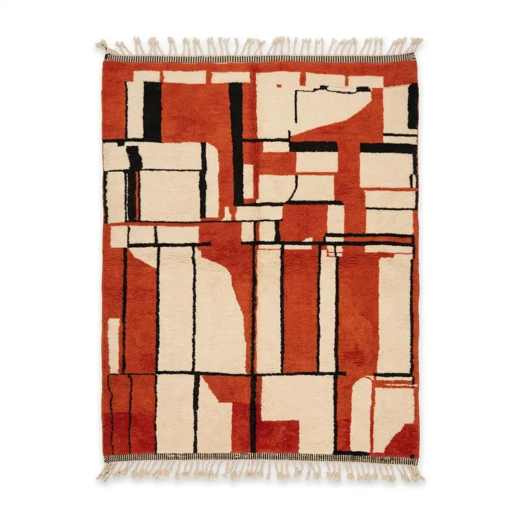 Tapis berbère Boujad authentique en laine motifs abstraits rouge terre de Sienne et noir
