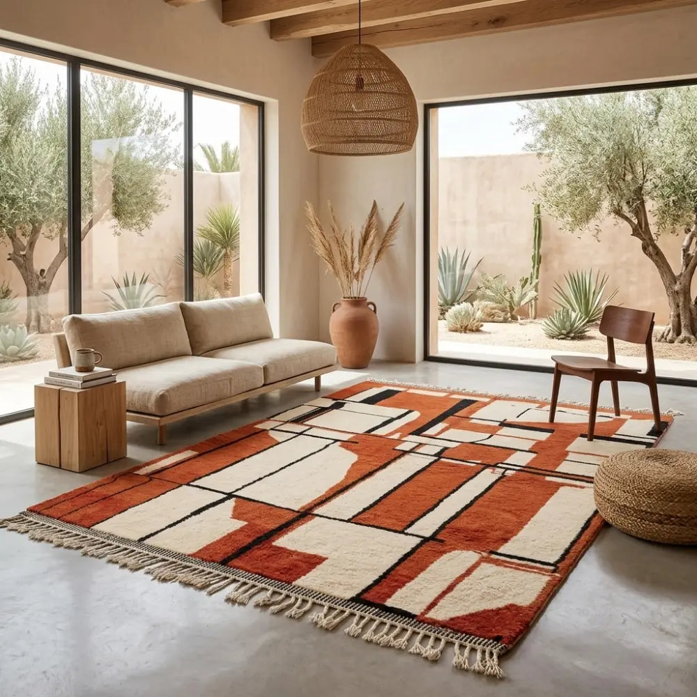 Tapis berbère rouge et crème dans salon bohème naturel décoration chaleureuse style marocain haut de gamme