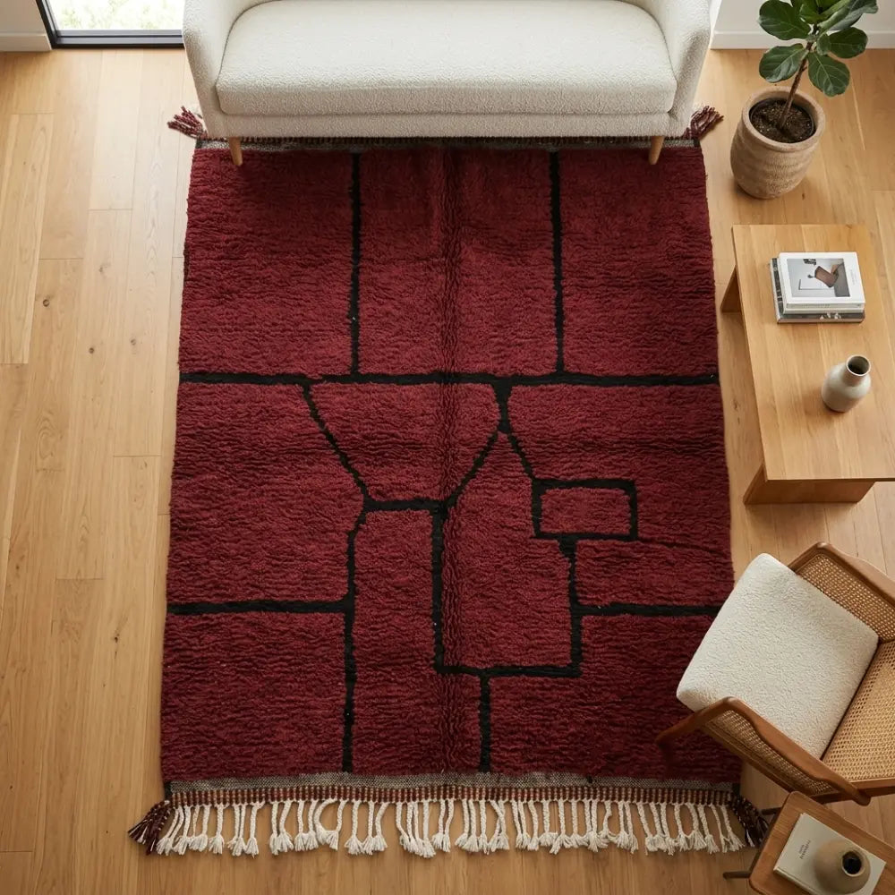 Tapis berbère rouge avec motifs noirs dans un salon en bois, parfait pour une décoration ethnique chic et une ambiance chaleureuse