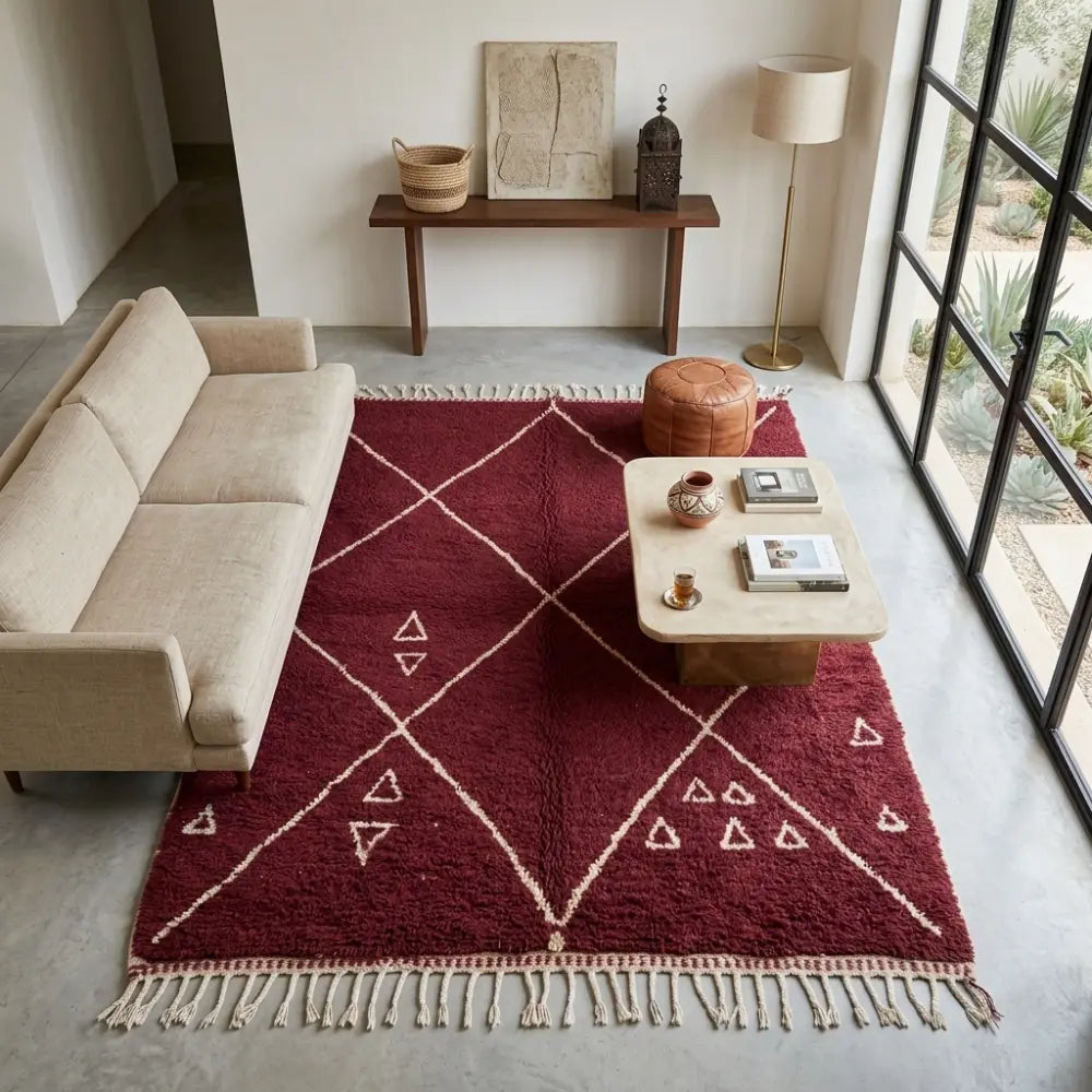 Tapis berbère rouge avec motifs blancs dans un salon moderne, parfait pour une ambiance bohème chic et élégante