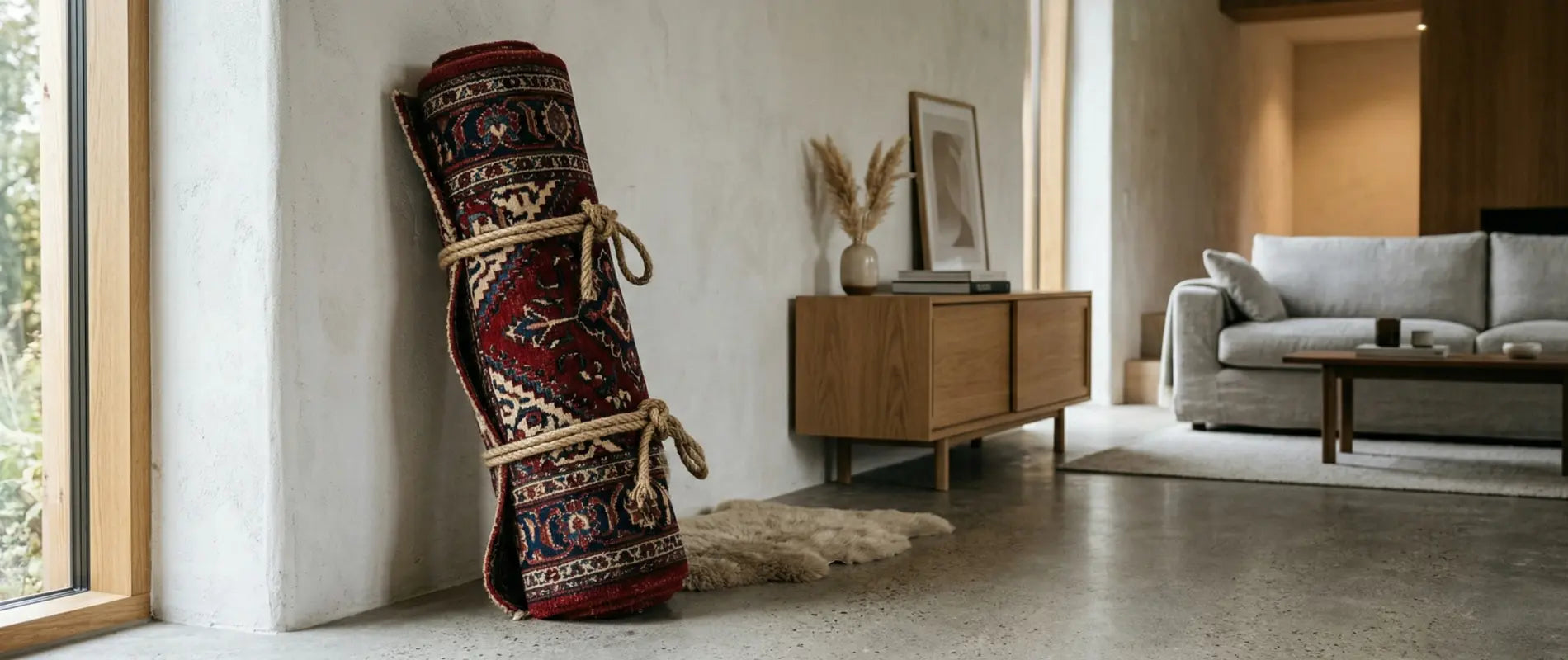 Tapis berbère roulé dans un salon moderne, décoration intérieure chaleureuse avec textile artisanal marocain haut de gamme