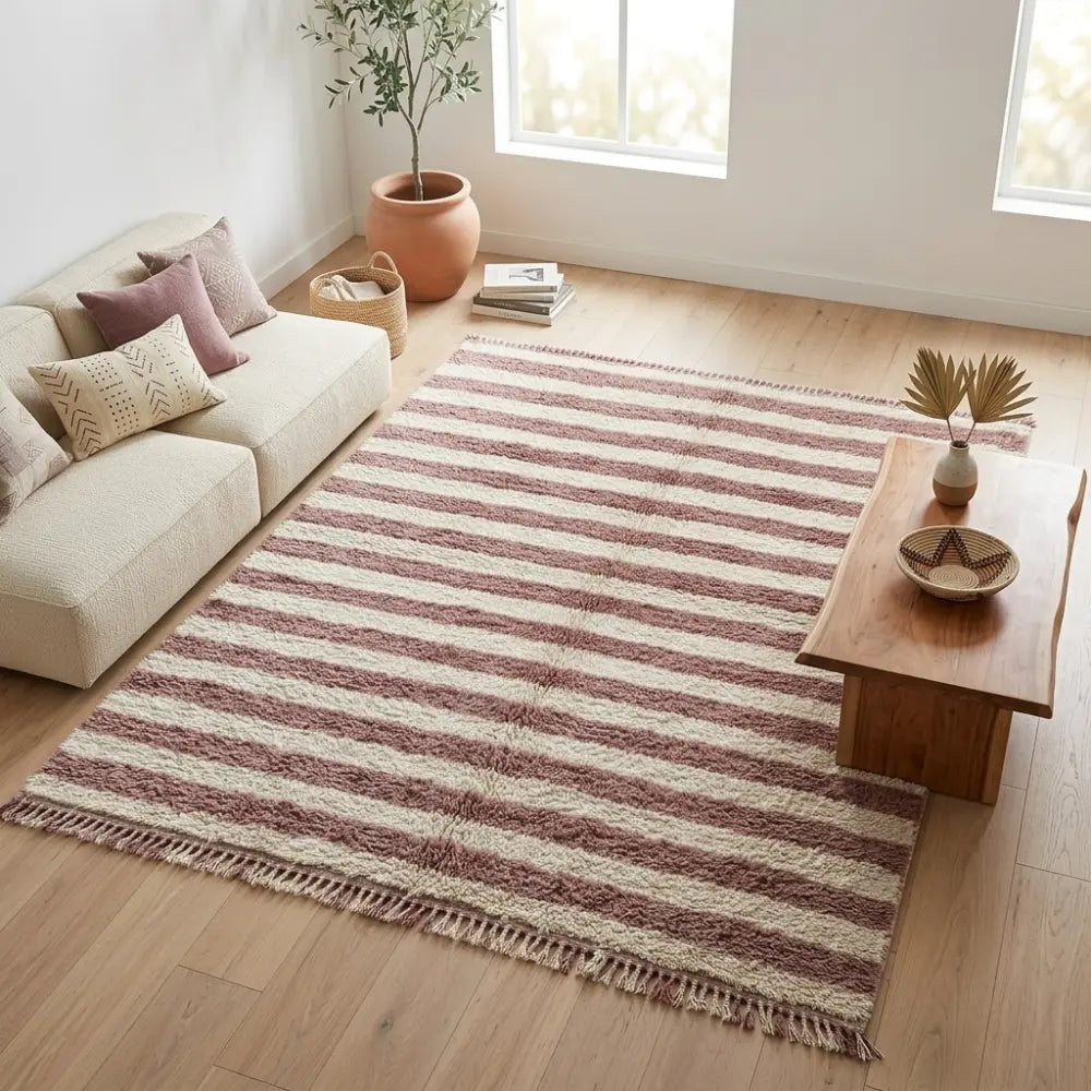 Tapis berbère à rayures rose et beige dans un salon lumineux style scandinave, décoration naturelle et élégante