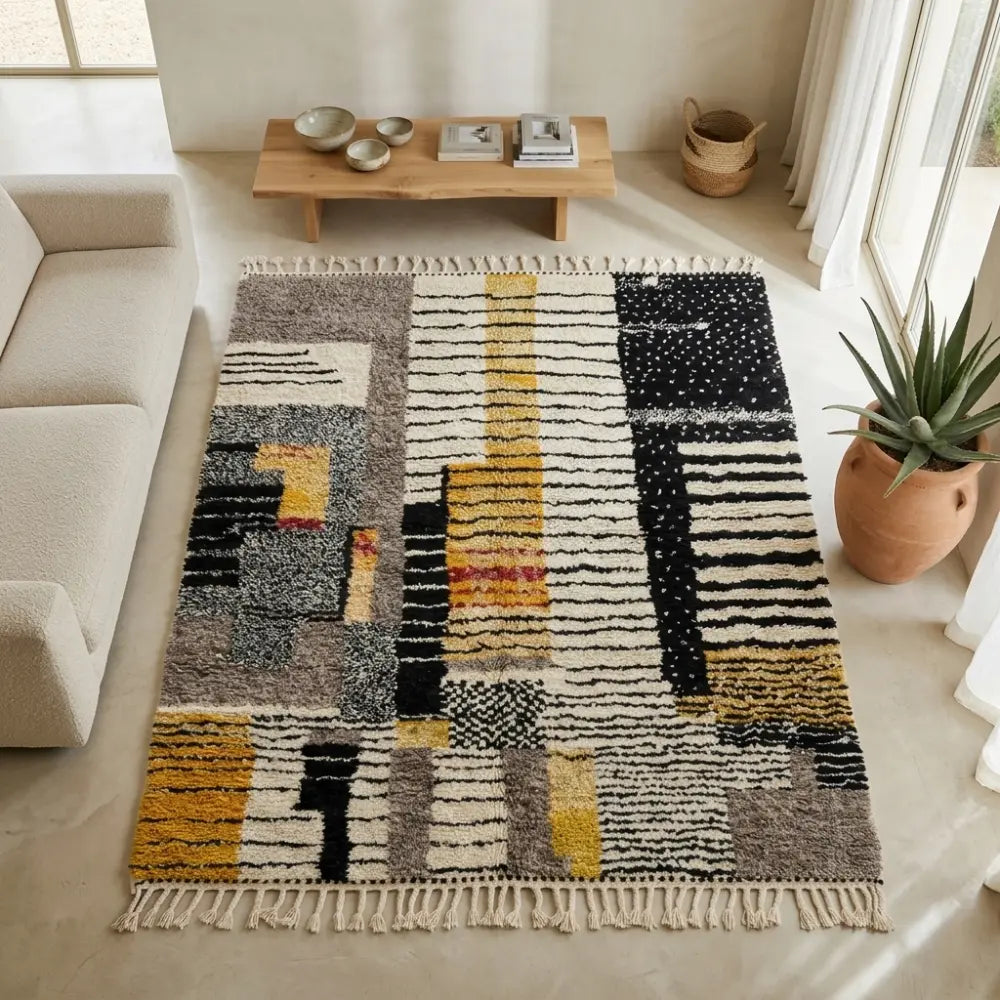 Tapis berbère géométrique noir beige et jaune dans un salon moderne, décoration élégante et chaleureuse