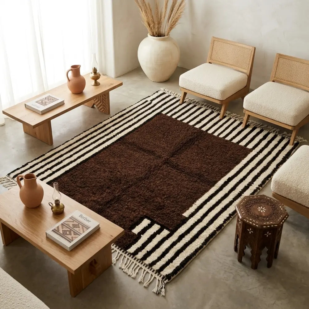 Tapis berbère marron avec bordures rayées noir et blanc dans un salon bohème chic, décoration chaleureuse