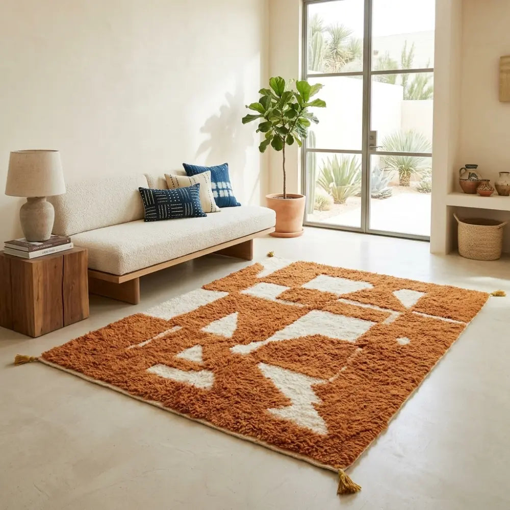 Tapis berbère à motifs géométriques ocre et écru dans un intérieur moderne, ambiance chaleureuse et élégante