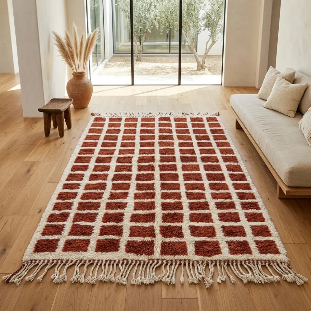Tapis berbère terracotta à motifs carreaux dans salon lumineux décoration naturelle bohème chic