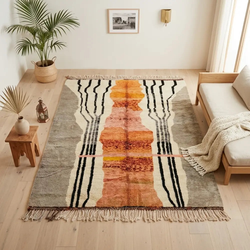 Tapis berbère terracotta et beige dans chambre lumineuse ambiance zen décoration minimaliste naturelle