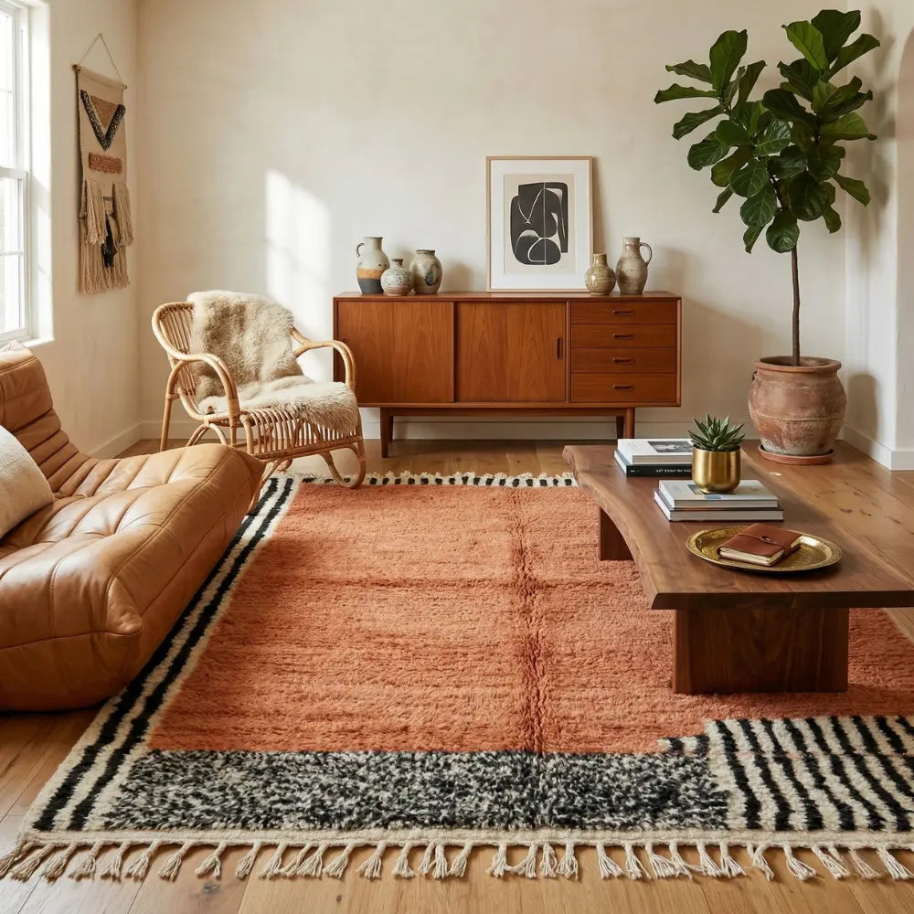 tapis berbère terracotta avec motifs graphiques dans un salon bohème chic avec mobilier bois et décoration chaleureuse