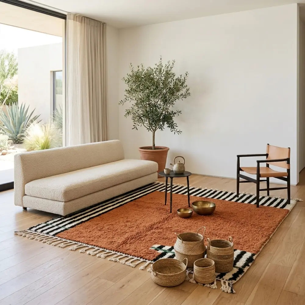 Tapis berbère terracotta avec bordures rayées noires et blanches dans salon bohème lumineux décoration chaleureuse