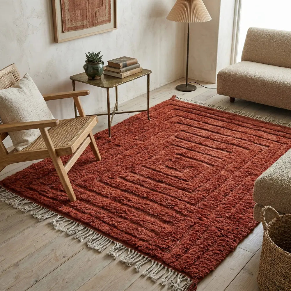 tapis berbère terracotta dans un salon lumineux avec mobilier en bois et décoration naturelle, style bohème moderne