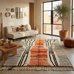 Tapis berbère terracotta avec motifs géométriques dans salon chaleureux style bohème naturel élégant
