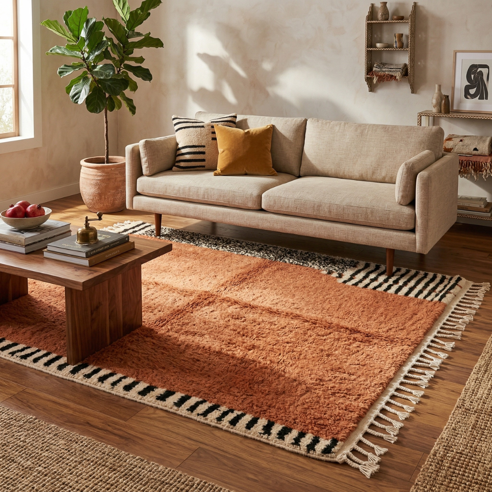 tapis berbère terracotta avec motifs noirs et blancs dans un salon cosy au style bohème chic avec mobilier en bois