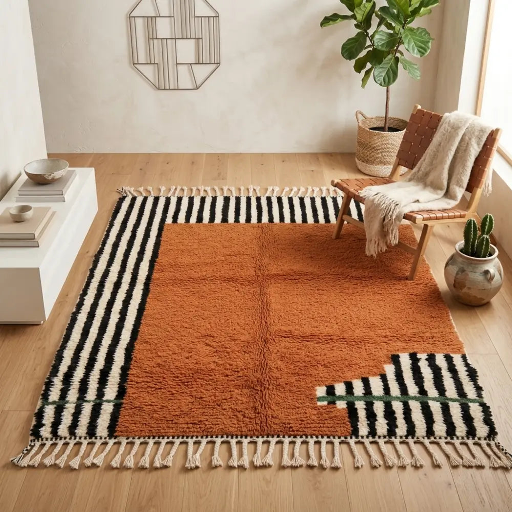 Tapis berbère terracotta avec motifs minimalistes dans salon épuré style naturel ambiance moderne et élégante