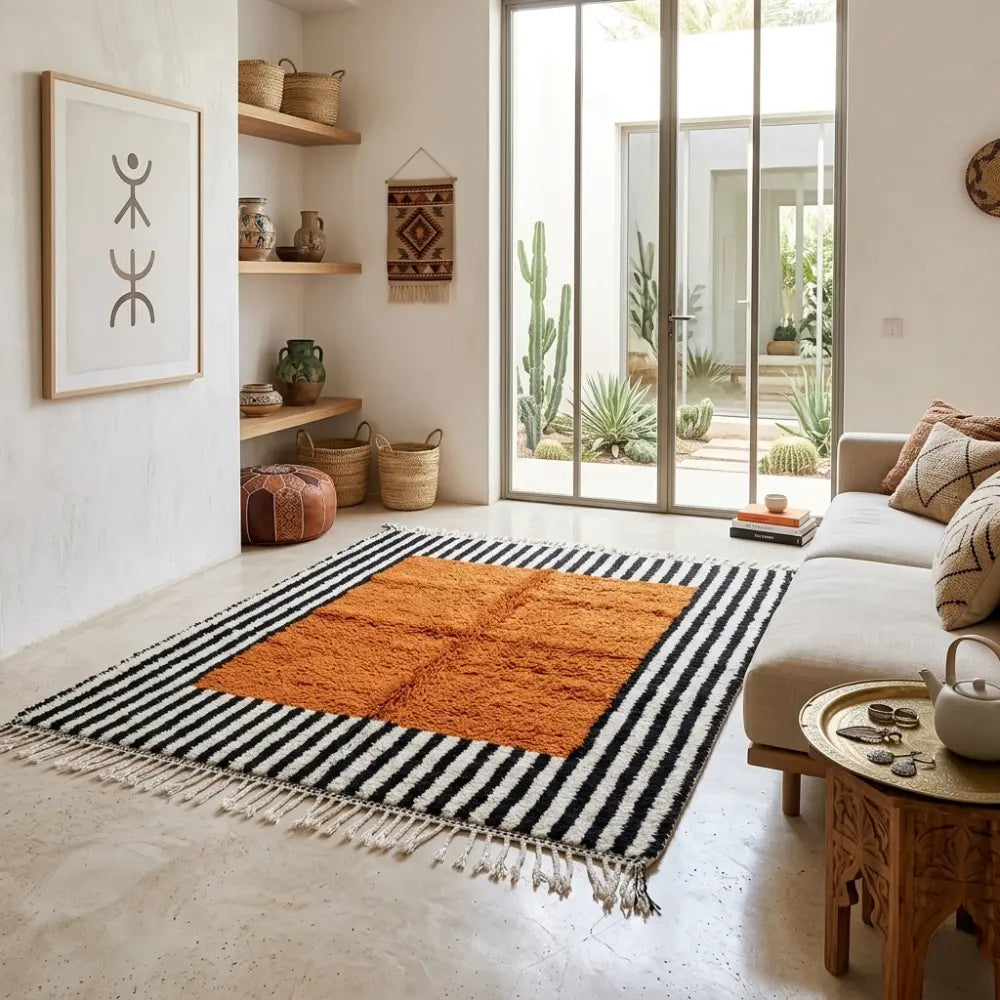 Tapis berbère terracotta avec motifs rayés dans salon bohème élégant décoration naturelle chaleureuse