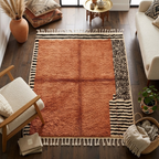 vue du dessus tapis berbère terracotta avec bordures graphiques noir et blanc et franges, parfait pour décoration moderne