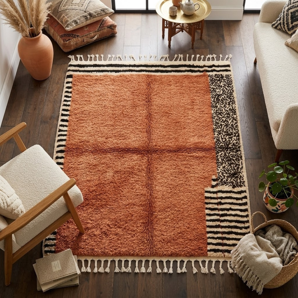 vue du dessus tapis berbère terracotta avec bordures graphiques noir et blanc et franges, parfait pour décoration moderne