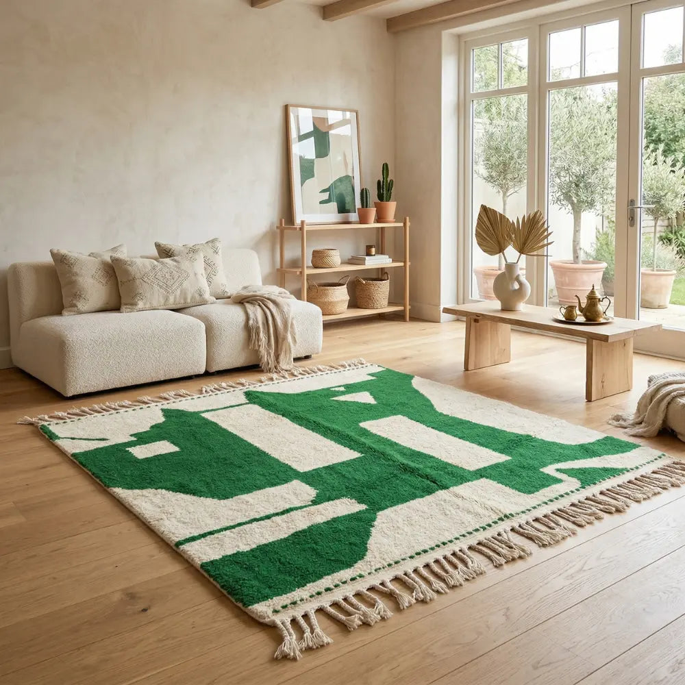 Tapis berbère vert et blanc à motif abstrait dans un salon lumineux au style naturel et minimaliste