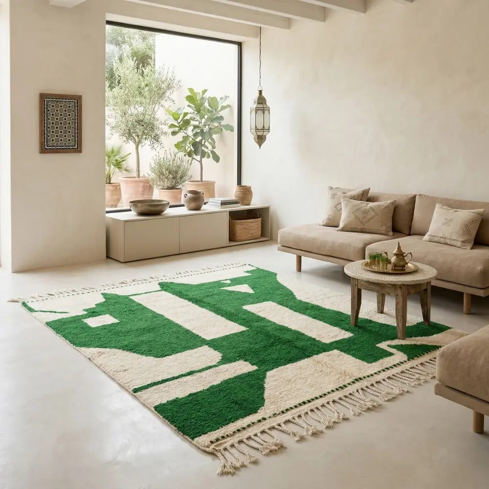 Tapis berbère vert et blanc dans un salon bohème avec lumière naturelle et décoration épurée