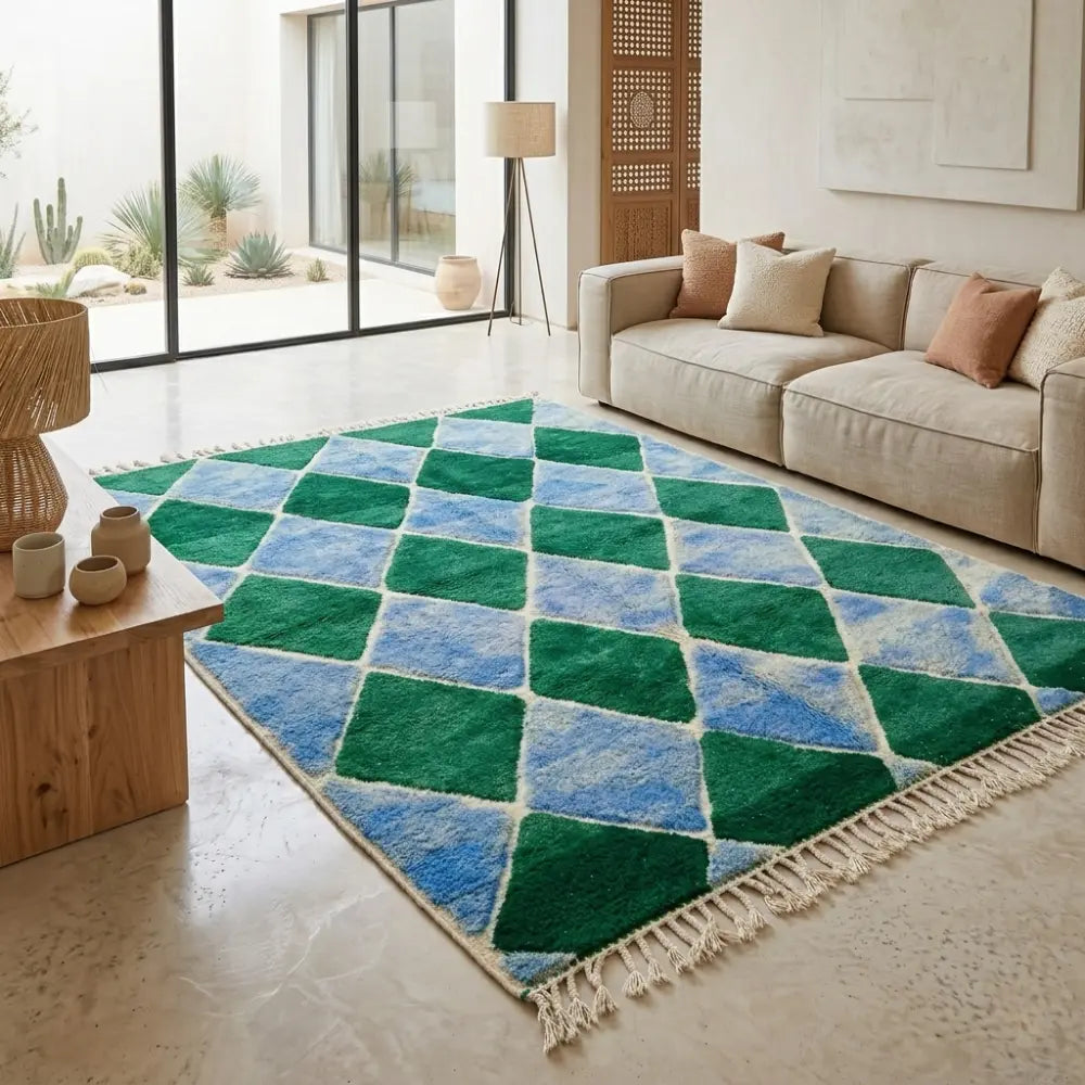 tapis berbère vert et bleu à motifs géométriques losanges, idéal pour intérieur contemporain et ambiance chaleureuse