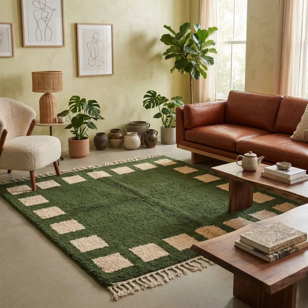 tapis berbère vert avec motifs carrés beiges dans un salon bohème chic avec mobilier en bois et plantes naturelles