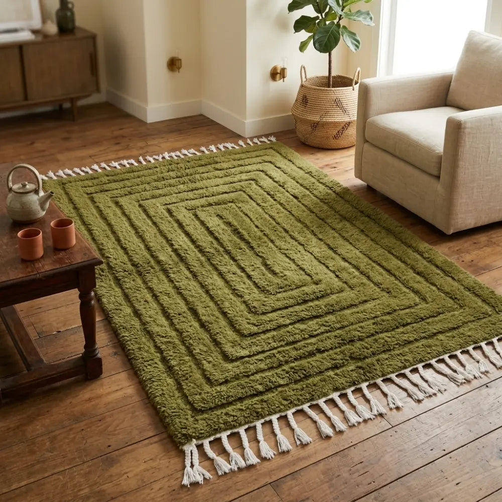 tapis berbère vert olive à poils longs avec motif géométrique en relief et franges dans un salon chaleureux au style naturel et bohème