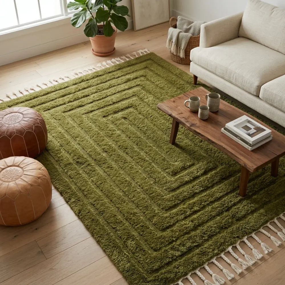 tapis berbère vert olive épais avec motif en relief sous table basse en bois dans un salon bohème cosy et lumineux