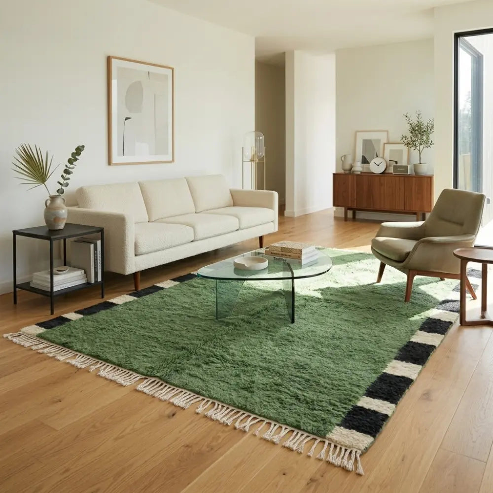 tapis berbère vert design avec franges et motifs géométriques noirs et blancs dans un salon contemporain lumineux avec mobilier scandinave