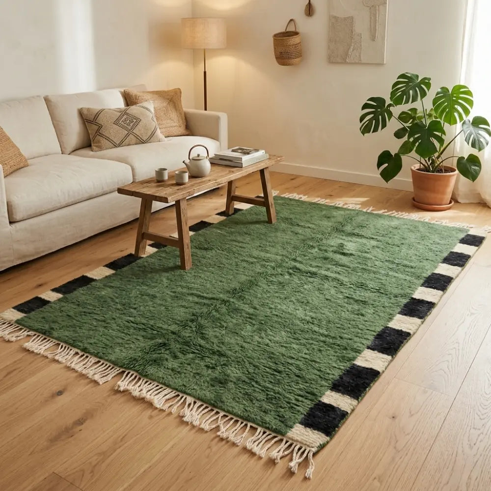 tapis berbère vert à poils longs avec bordures géométriques noir et blanc sous table basse en bois dans un salon moderne chaleureux et naturel