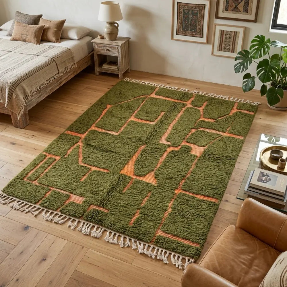 tapis berbère vert avec motifs terracotta en relief et franges dans une chambre bohème cosy avec décoration naturelle et bois clair