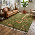 tapis berbère vert avec motifs abstraits en relief terracotta et franges dans un salon chaleureux au style bohème chic et naturel