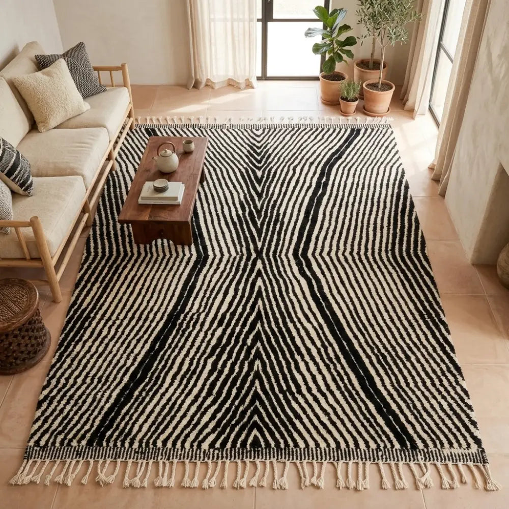 Vue du dessus tapis berbère noir et blanc à motifs rayures géométriques, style contemporain et design