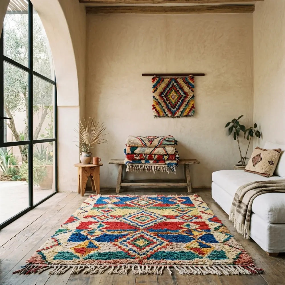 Tapis Boucherouite multicolore en textile recyclé avec motifs berbères, décoration bohème originale et artisanat marocain maison berbère