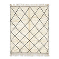Tapis berbère Beni Ouarain blanc crème à motifs losanges noirs en laine naturelle fait main