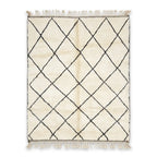 Tapis berbère Beni Ouarain blanc crème à motifs losanges noirs en laine naturelle fait main