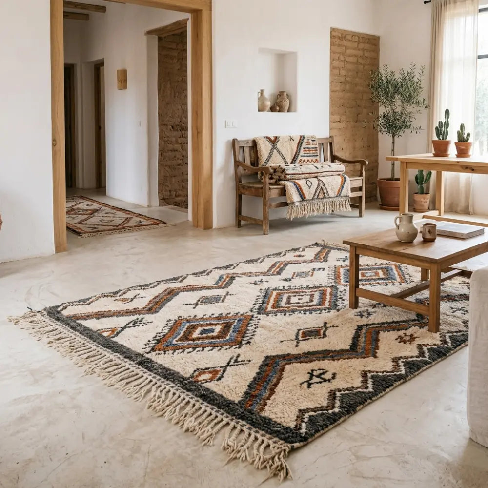 Tapis Mrirt en laine épaisse avec motifs géométriques berbères, intérieur haut de gamme au style contemporain marocain maison berbère